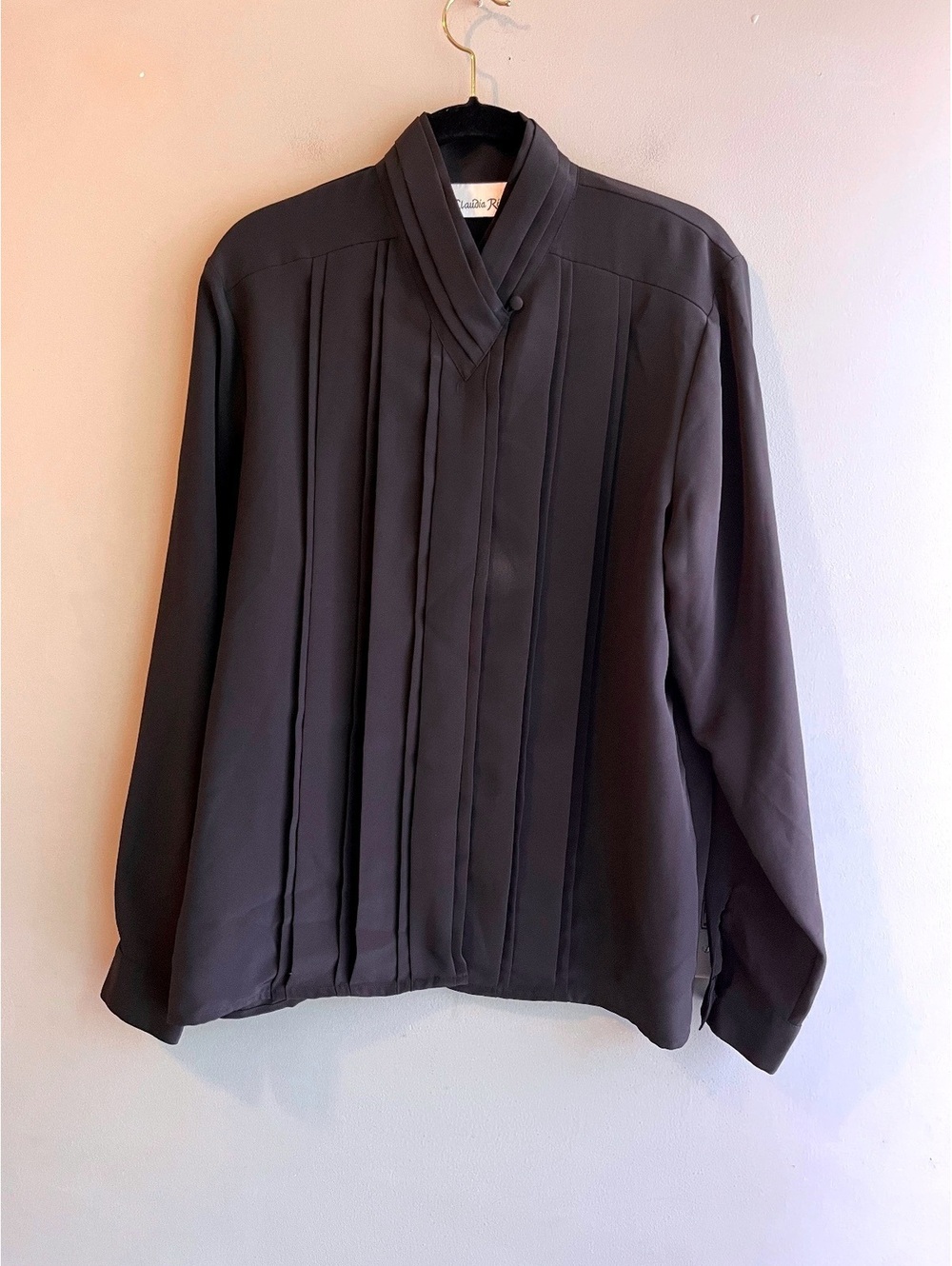 Vintage Claudia Richard Black Pleated Secretary Blouse Collar Button 14